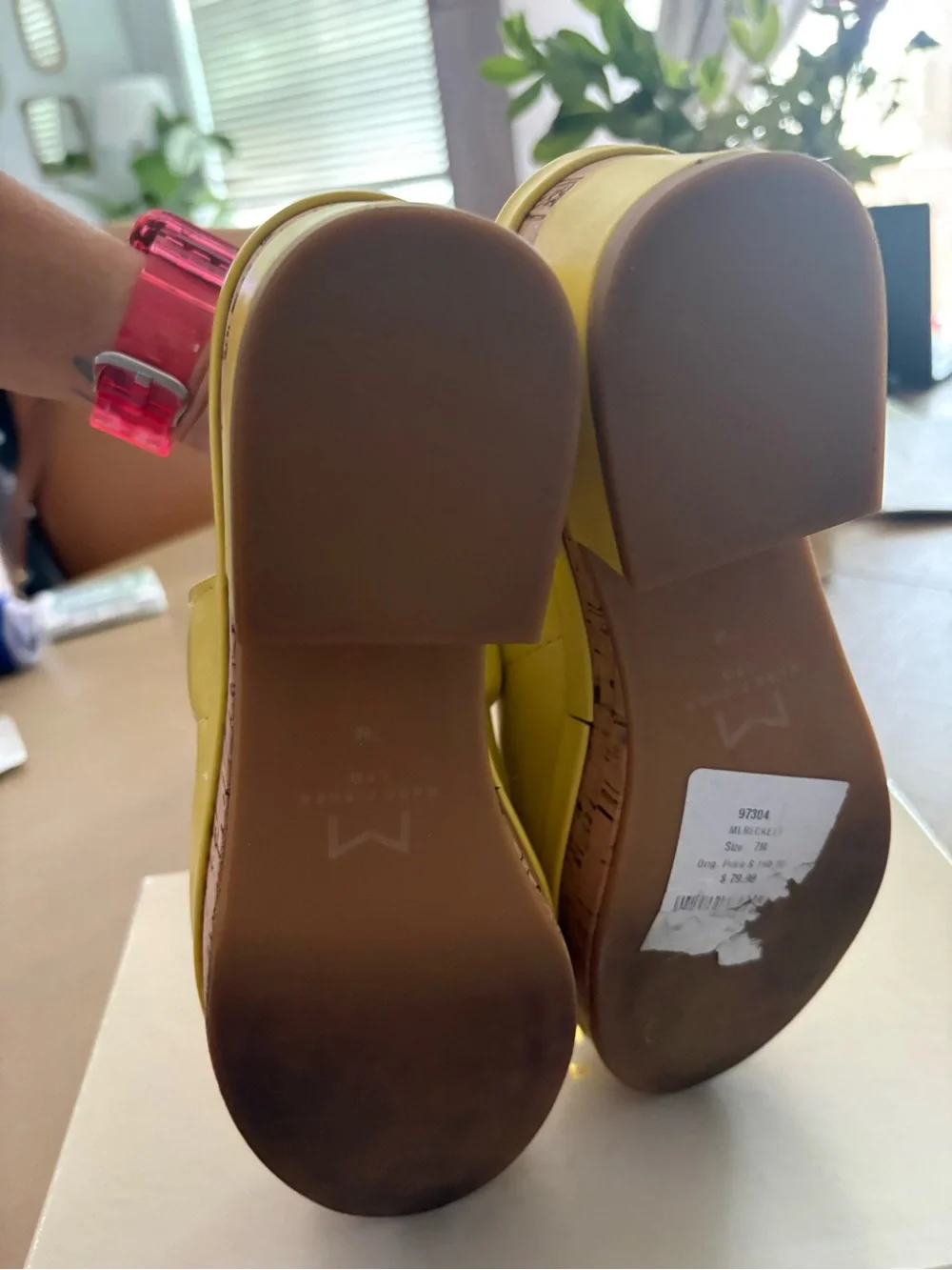 Marc Fisher Yellow Leather Platform Clogs with Cork-Look Heel